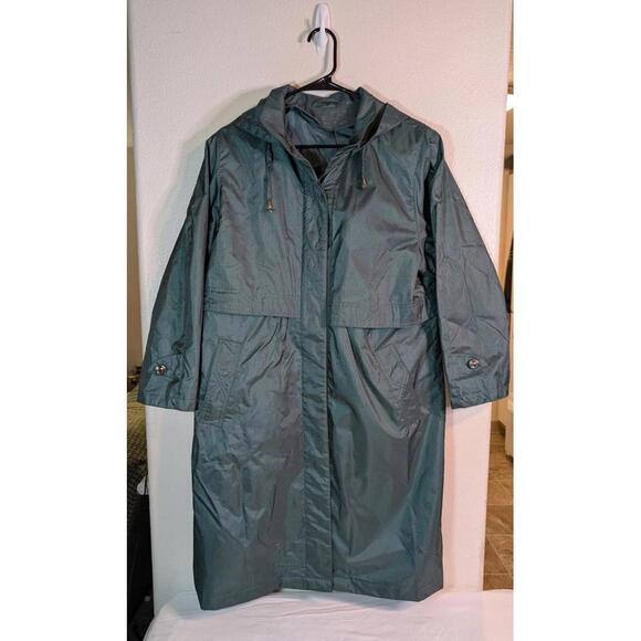 Vintage London Fog Green Long Hooded Raincoat w/ Button Cuffs Women's 8 Petite - Picture 3 of 7